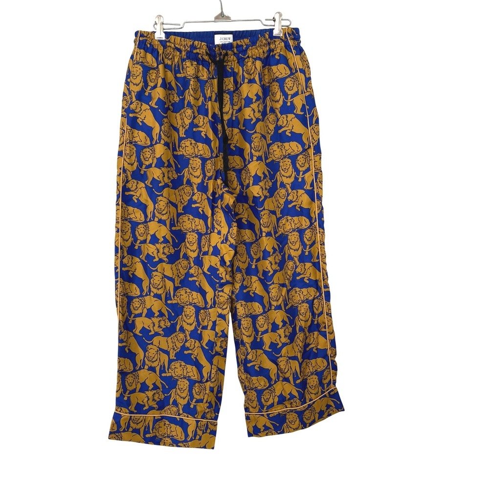 J.CREW COLLECTION Twill Silk Sleepy Lion Print Pajama Pants Size 8 Blue Gold